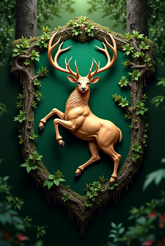 coat of arms: A green shield, with tones ranging from the dark green of the depths of the forest to the light green of young leaves. At the center, a majestic deer is depicted, standing on its hind legs, with large, branched horns. Every detail of the deer is crafted with precision, from the strong muscles to the texture of the fur. Your eyes are two emeralds, shining with wisdom and connection to nature. The background of the shield has a pattern of leaves and vines that appear to grow and intertwine around the deer., symbolizing the vitality and indomitable spirit of the forest.