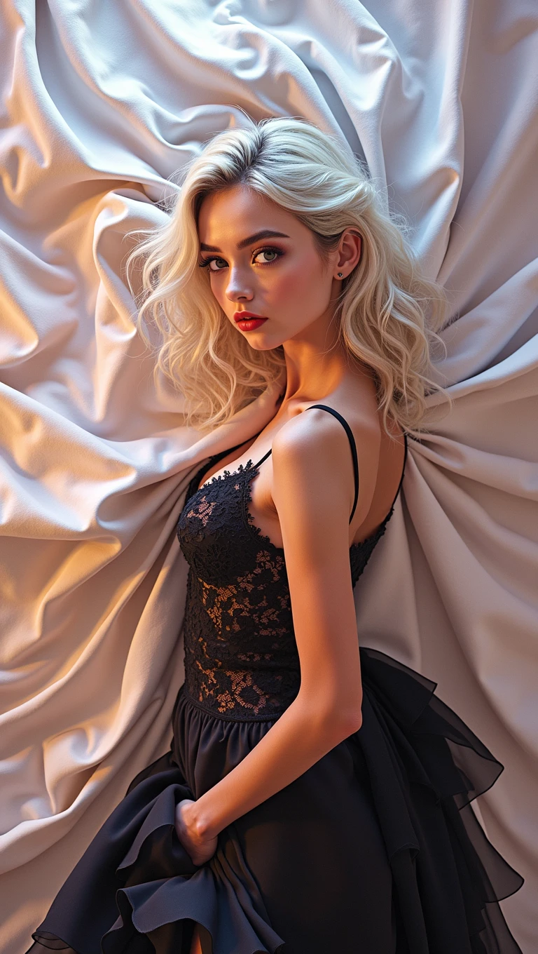 a sexy girl slowly removing her dress, beautiful detailed eyes, beautiful detailed lips, extremely detailed face and skin, long eyelashes, intricate lace dress, flowing fabric, dramatic lighting, cinematic angle, photorealistic, highly detailed, 8k, masterpiece, chiaroscuro, dramatic shadows, moody atmosphere