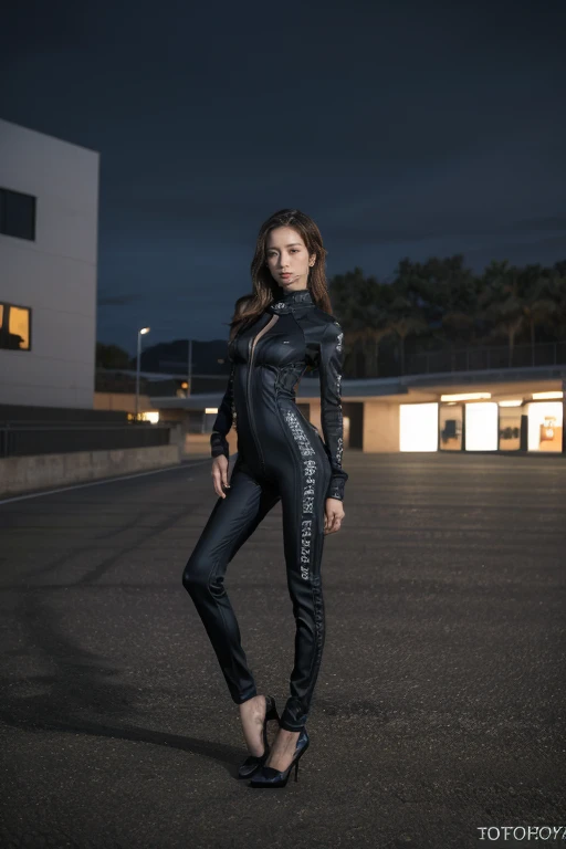 best quality，((Dramatic:1.2))，((original photography:1.3))，Night view，1 woman, Racing model，Perfect body，Skinny racing suit，((Open racing suit:1.2))，Beautiful long legs，High heel