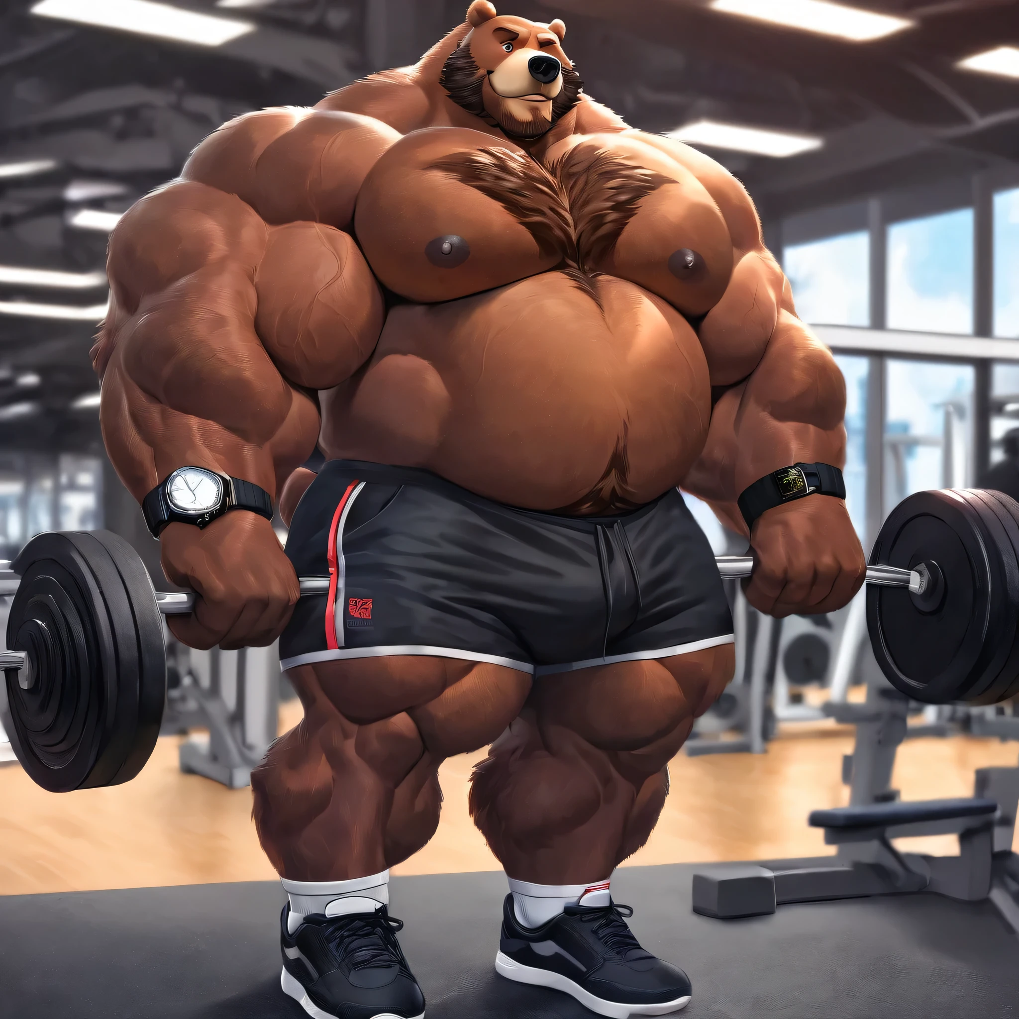 huge muscular kodiak brown bear in big gym fitness center, big wincing, kodiak bear, huge brown fur, thick arm, huge arm, veins all over arms and chests, bald, brown mustache and brown beard, (muscular, pectoral, wide pectoral, thick arms), HEIGHT: 220CM, WEIGHT: 370KG, gym  background, realistic, 8k, masterpiece, added cinnamon colored eyebrows, deatiled eyes with red pupils, (wearing black shorts, wristband, watch, black shirtless, topless and black shoes), incline bench, Alright, now he's gonna start chest day with some dumbbell flyes...