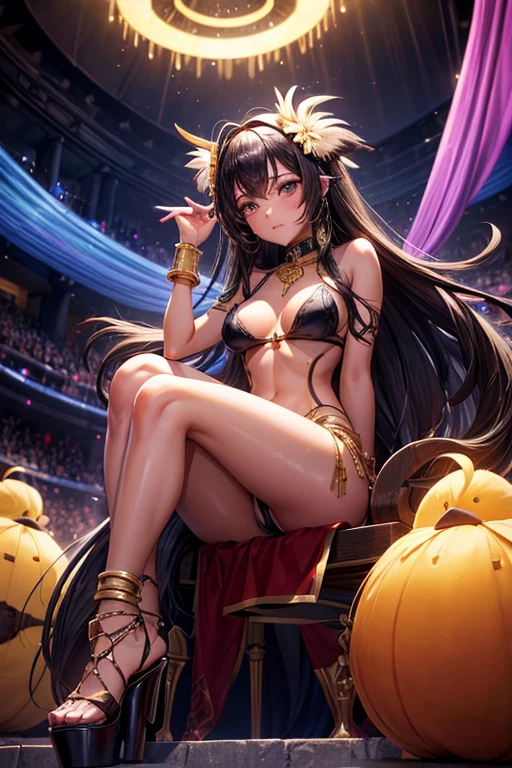 Best Quality, High resolution, absurdities, ultra detailed, 1 girl, (long_hair, Alone, hair_ornament, dark hair, tanned skin, collar, bangles, breasts grandes, feathered backrest, platform heels), Wet, costumebzc, top-less, minimal costume, touched, breasts, heart empanadas, dance position, night club background, spotlights on the ceiling, ((crowds watching in background))
