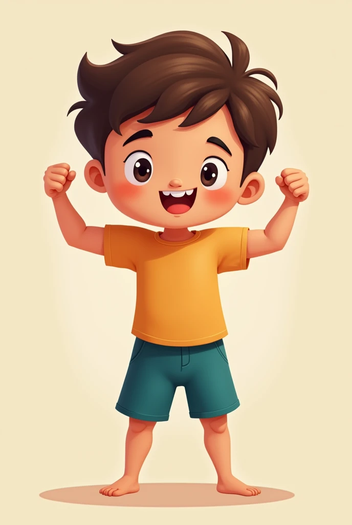 animated cartoon. Strong little boy with arms bent up showing his muscles