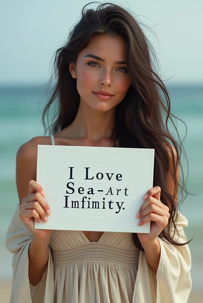 Beautiful girl with wavy long hair, bohemian dress, holding a white board with text "I Love Seaart Infinity" and showing it to the viewer