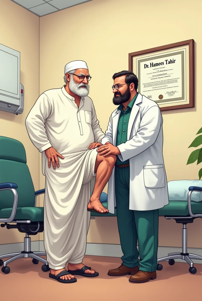 Imagine a fat physiotherapist in labcoat helping a old male patient in shalwar kameez to do knee movment anime and degree of Dr. Hamees Tahir hanging on wall