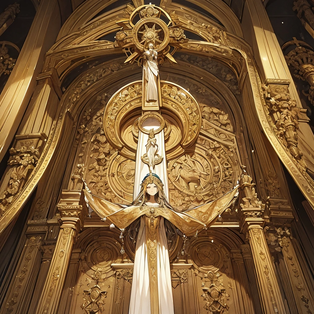 Create an image of an ornate cross. The cross must be made of old wood, with a rustic finish, featuring complex, sculpted details across its entire surface. No centro da cruz, add a golden circular medallion with geometric patterns and ancient inscriptions. Along the arms of the cross, insira detalhes como vineyards entrelaçadas, Sheets e flores góticas. At the top of the cross, put on a small crown with precious stones. The base of the cross must have a stone support, with cracks and moss, giving an ancient and sacred appearance. The background should be dark and hazy, with a soft, golden light radiating from behind the cross, highlighting it in the center of the image."Explanation of Elements:Cross Material: Specifies that the cross must be made of old, rustic wood., to give a historical and sacred aspect.ornamental details: Includes elements such as sculptures, golden medallion, vineyards, Sheets, gothic flowers and crown, to create a rich and detailed image.Cross Support: The stone base with moss and cracks reinforces the idea of antiquity.Background and Lighting: The hazy background with a golden light behind the cross helps to highlight the main image and creates a mystical atmosphere..