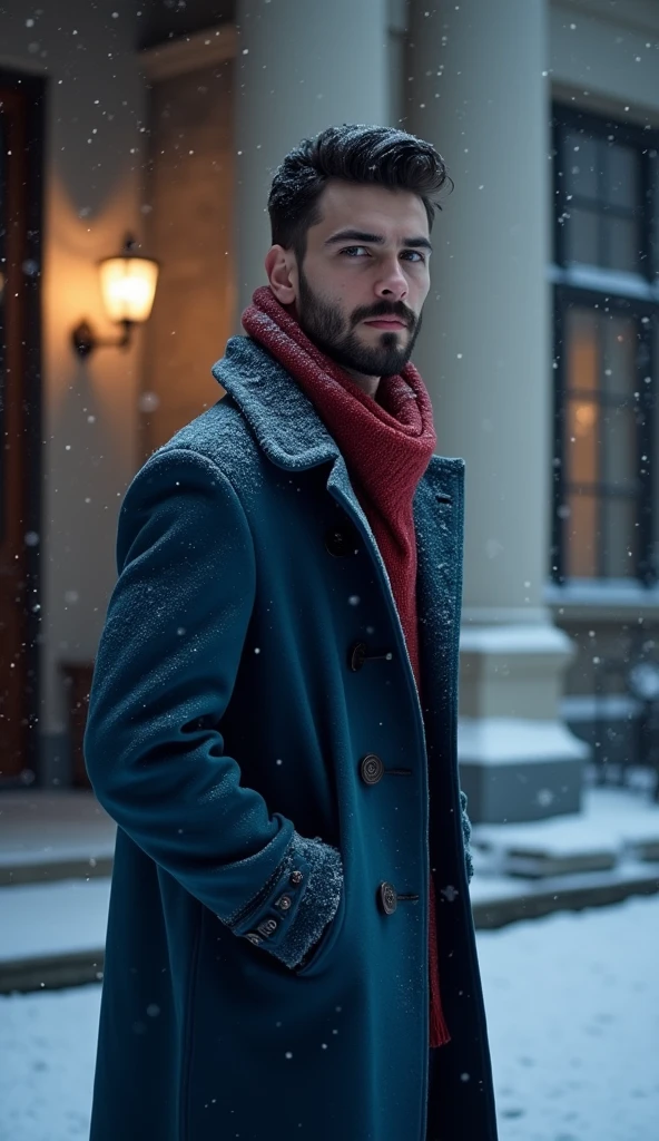 A 21-year-old young rich man with a small beard and big mustache, wearing a lush bluish pent coat and a red muffler. Snow-covered ground and icy environment. Dark, cold night with heavy snowfall. standing in front of grand mansion entrance door, looking outside at the snow, snowy and cold environment.