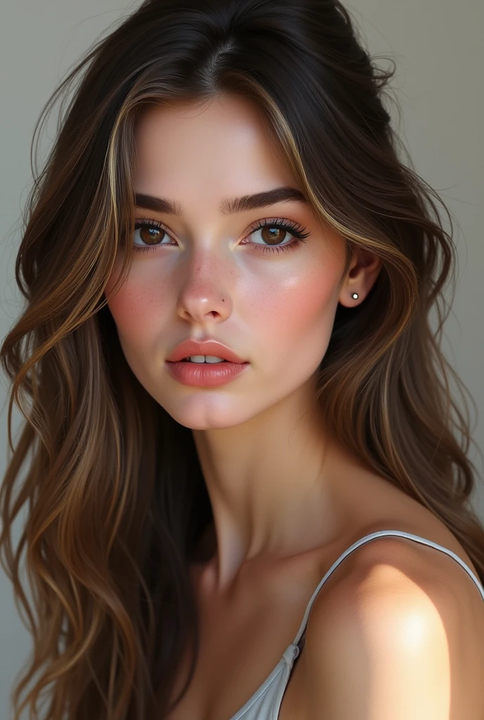Woman 20 years old, brown hair with blond highlights very white skin, European traits, con russian lips, round face a little wide, almond-shaped and dark eyes, almost black. He doesn't have a marked cheekbone, the round face with the small pear, arched but moderately fixed eyebrows.