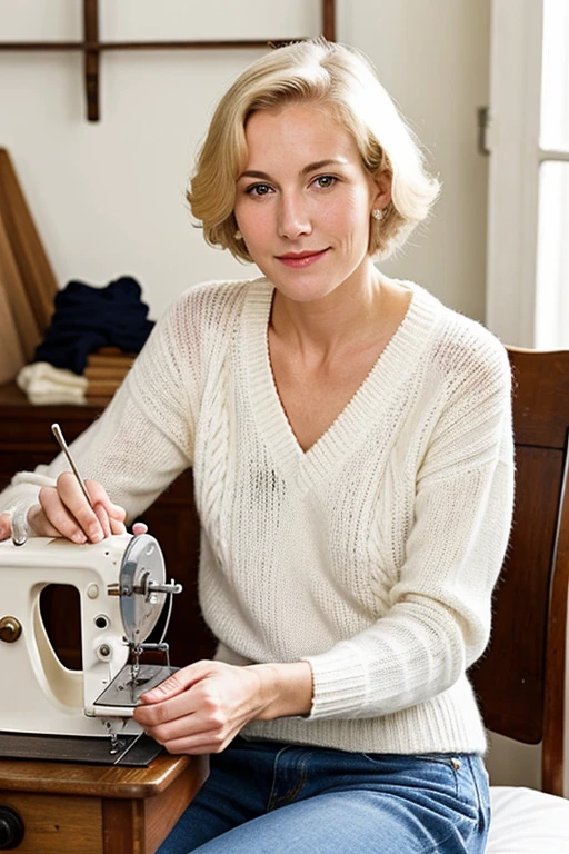 young, Beautiful, handsome, white, skinny, soft skin, beautiful face, shirtless, Knitting clothes with a grandmother using an old sewing machine