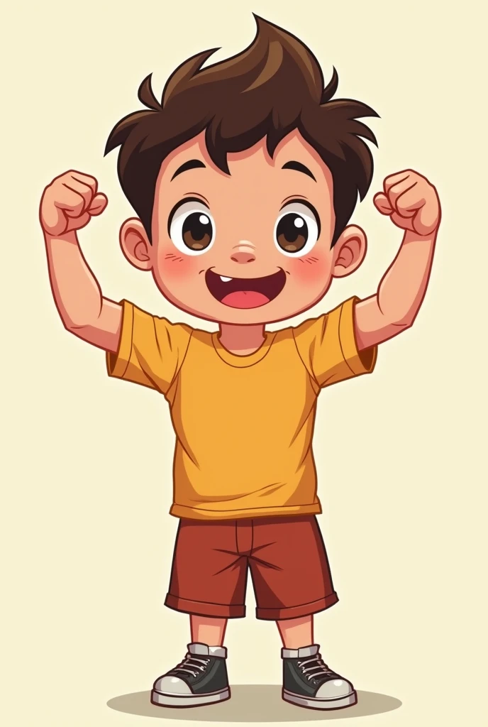 cute cartoon. Strong little boy with arms bent up showing his muscles



