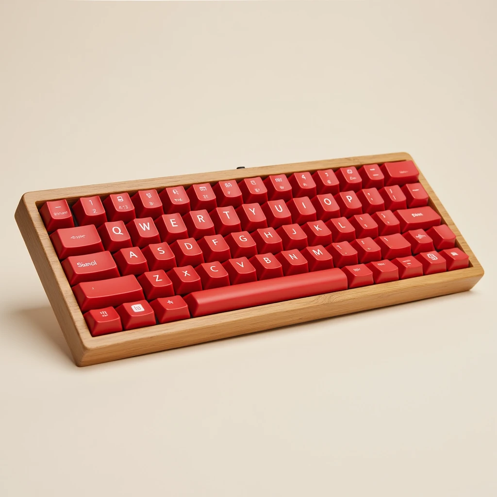 Keyboard with bamboo casing, red plastic keys, large format