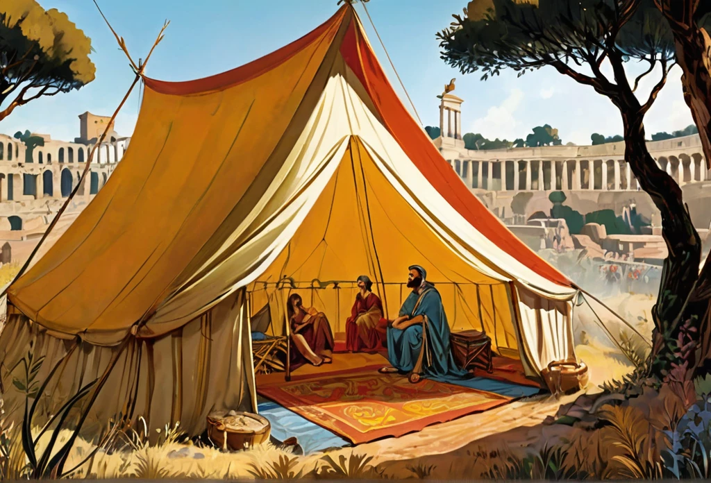  bible story, tent in the wilderness. Ancient rome
 (masterpiece best quality:1.2) delicate illustration ultra-detailed, illustrations, bright, colourful, 