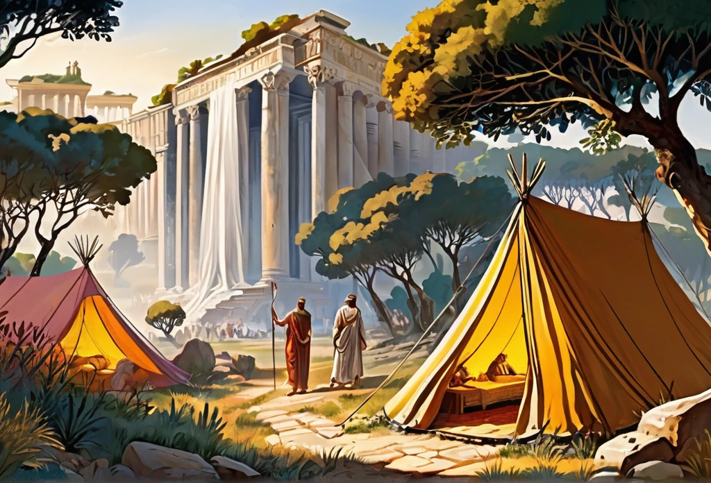 bible story, tent in the wilderness. Ancient rome
(masterpiece best quality:1.2) delicate illustration ultra-detailed, illustrations, bright, colourful,