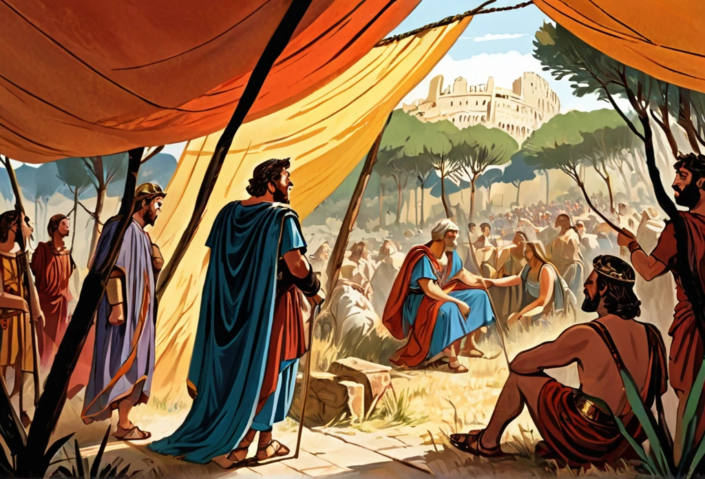  bible story, tent in the wilderness. Ancient rome
 (masterpiece best quality:1.2) delicate illustration ultra-detailed, illustrations, bright, colourful, 