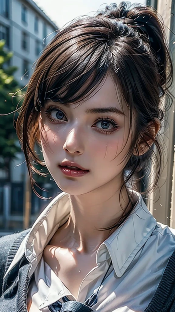 ((Beautiful Face:1.2)), Half Body,(Surreal), (8k), (Very detailed), (Best illustrations), (Beautiful attention to detail), (Highest quality), (Very detailed), (masterpiece), (wallpaper), (Detailed face), alone, 1 girl,  Wet sweat, (school uniform:1.3), Looking at the audience, Exquisite detail, Detailed faces, ,((Pure Erotic Face Ace:1.２)),((Natural big breasts:1.2))