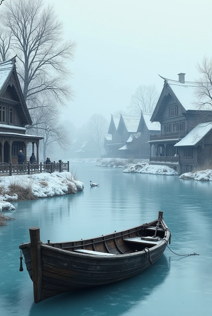 Winter river background foreground with empty boat in the middle, in the background are carved houses with people on balconies, in the style of ancient Rus&#39; as in the film &quot;He is a dragon&quot; 