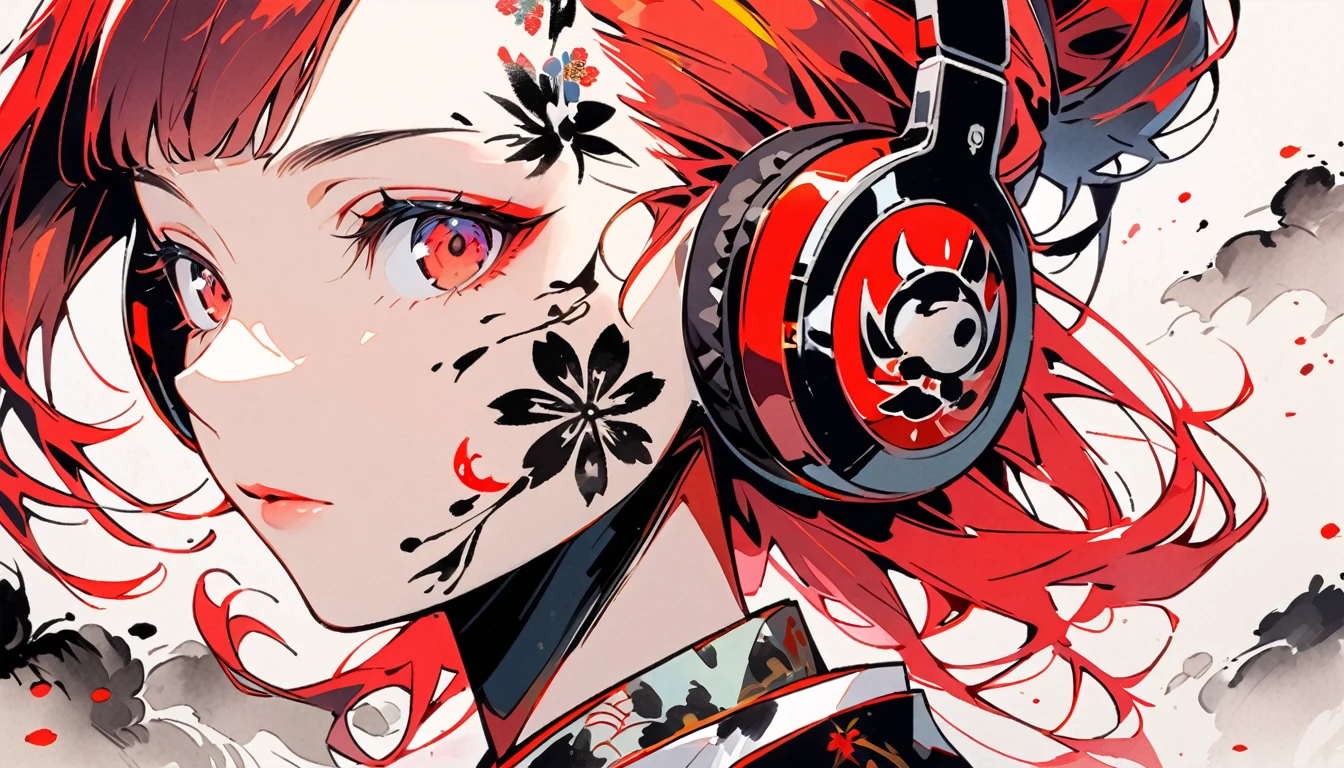 (((Ink Painting))), ((Japanese style headphones)), (((Japanese pattern tattoo on face))), Face close-up, gorgeous hair accessory,beautiful red eyes, short red hair, Japanese, Bright colors