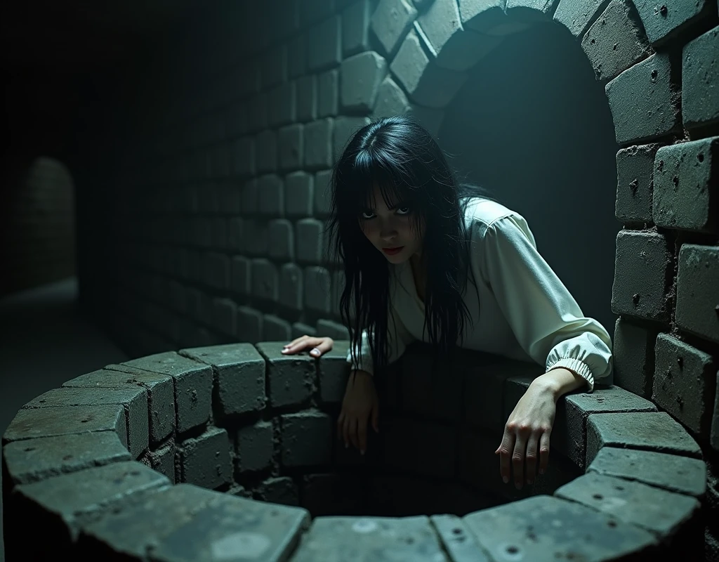 The basement is surrounded by black iron studded with iron rivets, giving off a dark, eerie, rugged, and hideous coldness. The only thing that gives it an alien, out-of-place feel is the stone well in the center of the room. A beautiful ghost with long, messy black hair and white clothing is clutching the edge of the well and about to crawl out, looking in the direction of the camera with a mysterious smile.