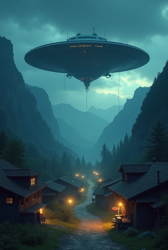 terror, ci-fi, village with several houses and shops between mountains with an alien ship over the village, at night