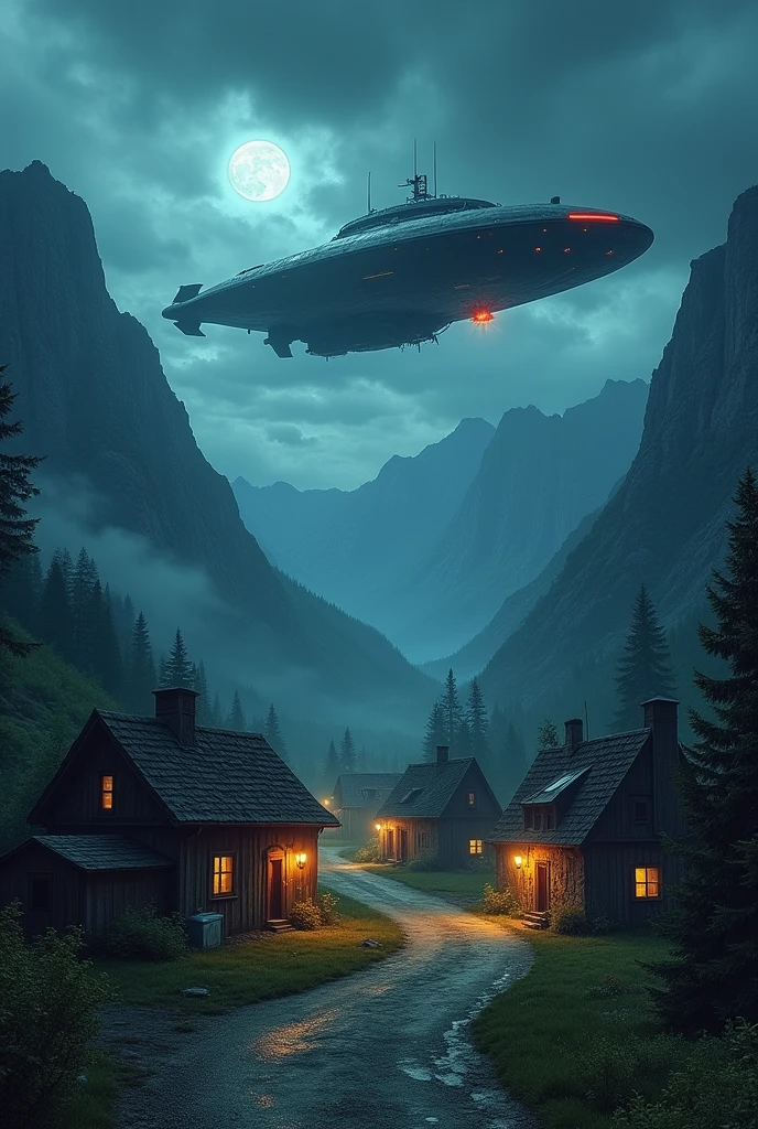 terror, ci-fi, village with several houses and shops between mountains with an alien ship over the village, at night