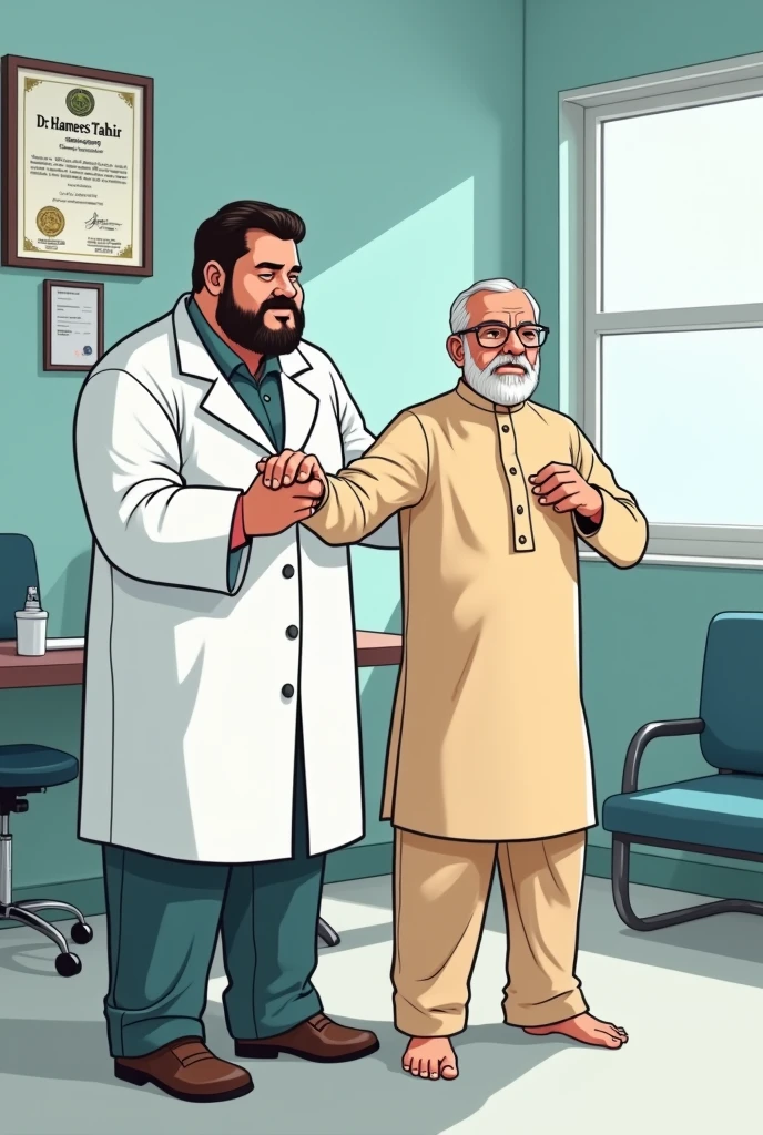 Imagine a fat physiotherapist in labcoat helping a old male patient in shalwar kameez to do arm movment anime and degree of Dr. Hamees Tahir hanging on wall