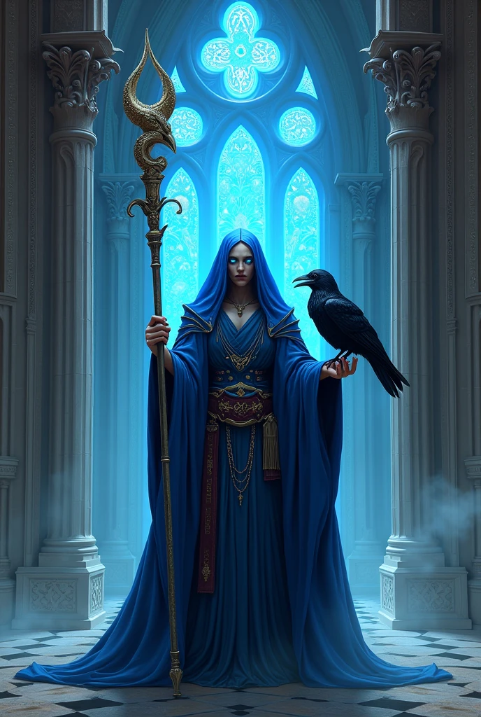 Human wizard but with slightly elven aspects, large wizard chapel, electric blue repitolian eyes, with bright blue robes a staff and a raven.