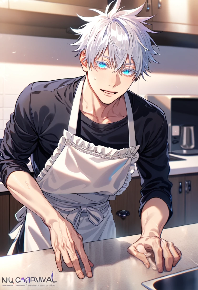 absurdres, highres, ultra detailed, HDR, master piece, best quality, extremely detailed, Gojou Satoru, white hair, expressive blue eyes, white eyelashes, Jujutsu Kaisen, solo, sexy man, handsome, horny, sensual, wearing only a apron, kitchen, kitchen counter, Nu Carnival