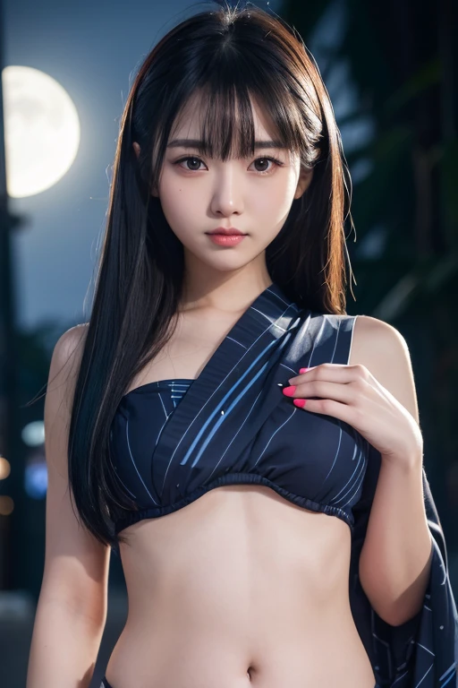 A beautiful woman wearing a navy blue yukata with a morning glory pattern, Super Breasts,long black straight hair,Beautifully detailed face, Porcelain-white skin, Half Body Shot, Centered,(He is black,belly button:1.2),((moonlight,night,Big neon,Strong neon lighting,Rim Light,Two-tone lighting))),High resolution, Highest quality, light makeup,One girl, Half-up hairstyle, masterpiece, accurate, Ultra high definition, 