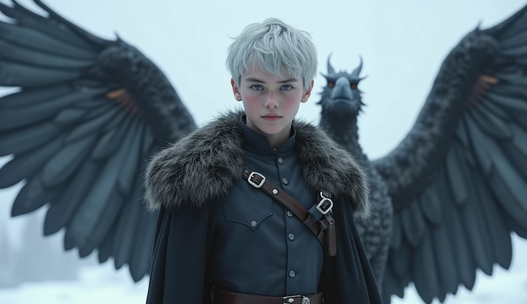 A targaryen teenager boy with with silver short hair and purple eyes, Winterfell scenary, three wyverns, realistic wyverns, 4k, high realism