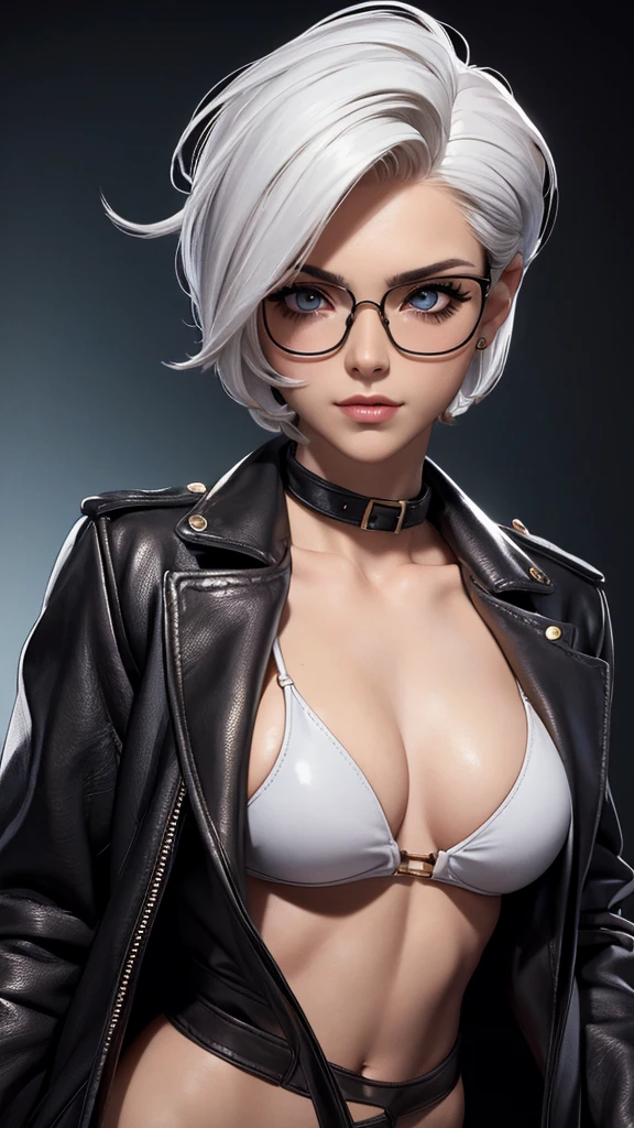 (masterpiece), best quality, expressive eyes, perfect face(masterpiece), best quality, expressive eyes, perfect face, a woman, 25 age,  80s style, short white hair, bronze skin, large breasts, black leather coat, amber eyes, aviator glasses, shirtless, micro undie 