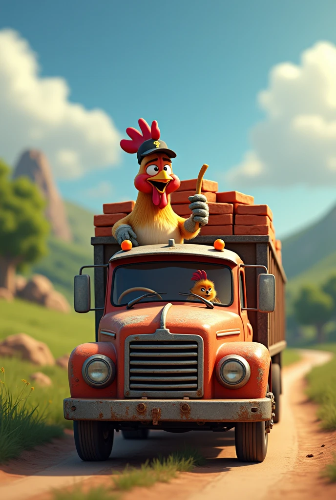 I want a rooster driving a truck that transports bricks and an acuri as co-pilot.