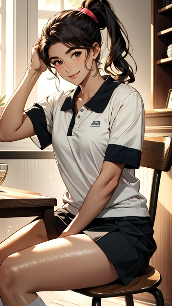 One girl、solo、15 years old、Polo shirt、skirt、White socks、An illustration、(Shiny skin、:1.4)、Absurd、smile、Gazing at the audience、big、whole body、Black Hair、ponytail、Brown eyes、Sharp focus、Depth of written boundary、Eyes are delicate、Sharp pupils、Realistic pupils、(Straight thighs)