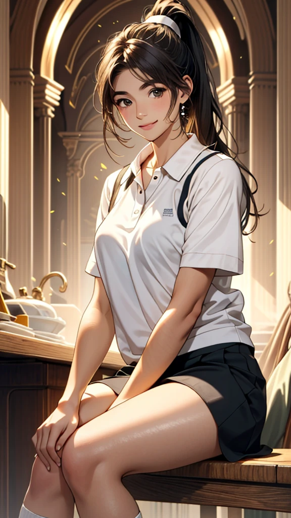 One girl、solo、15 years old、Polo shirt、skirt、White socks、An illustration、(Shiny skin、:1.4)、Absurd、smile、Gazing at the audience、big、whole body、Black Hair、ponytail、Brown eyes、Sharp focus、Depth of written boundary、Eyes are delicate、Sharp pupils、Realistic pupils、(Straight thighs)