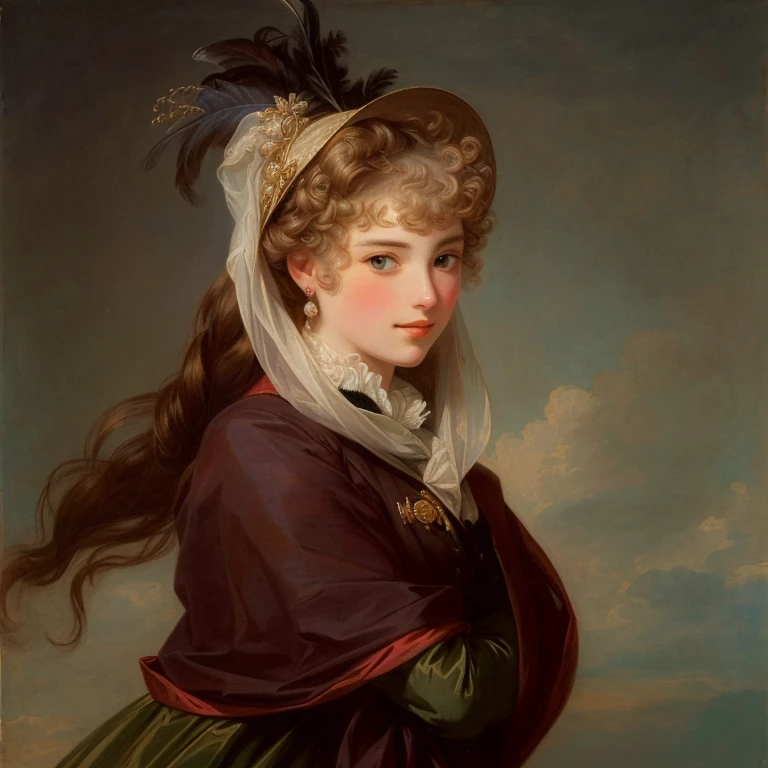 painting of a woman with a veil and feather headdress, inspired by Elizabeth Vigée Le Brun., inspired by Adelaide Labille-Guiard, inspired by Anna Fussli, inspired by Franz Xaver Winterhalter, inspired by Eugène Isabé, inspired by Theodore Chasseriau