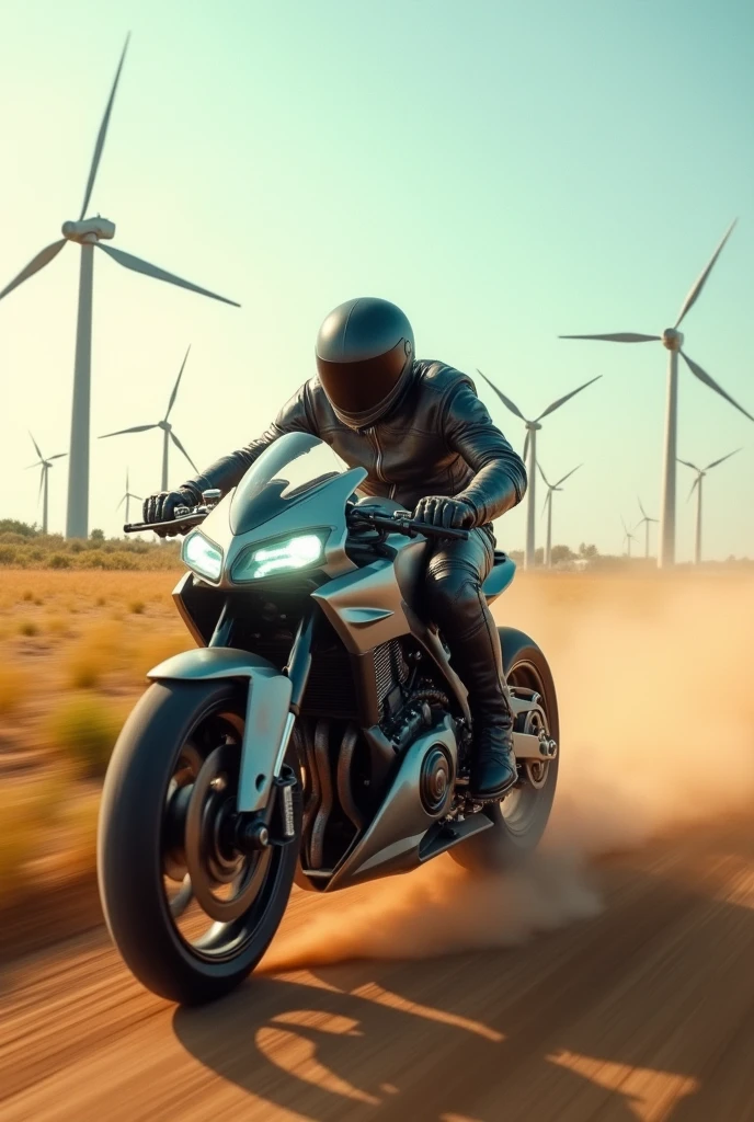 Futuristic motorcycle racing on a field with windmills