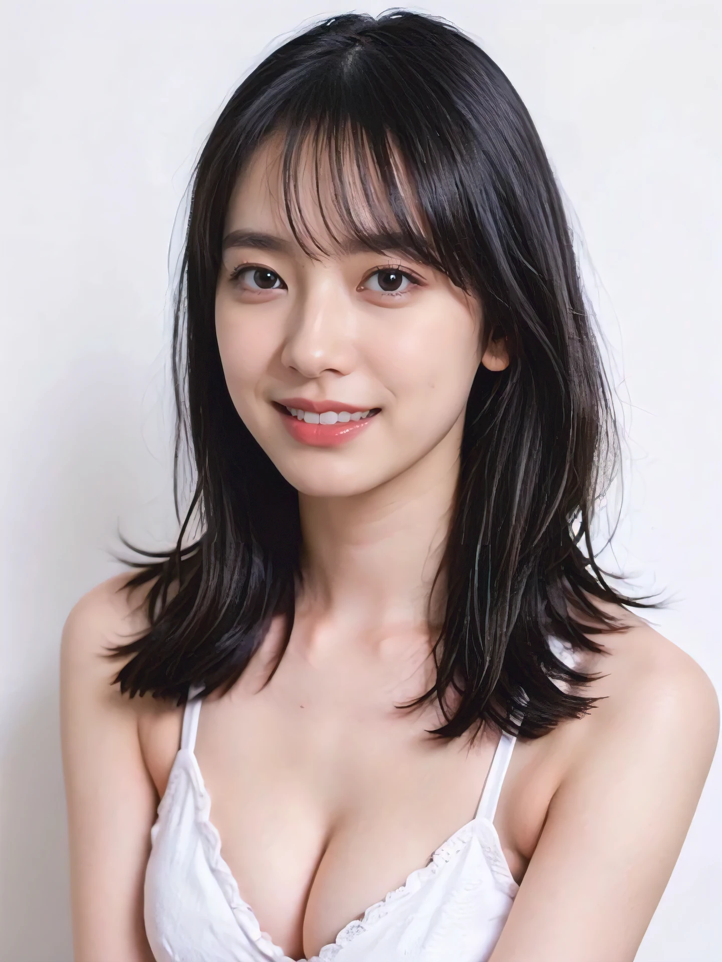 1girl, 25 years old woman, (perfectly detailed face), cute face, beautiful face, Small breasts, medium breasts, large breasts, ((looking at viewer)), smile, light smile, White skin, Simple Background, (((white background))), ((white wallpaper)), Indoor, (bright lighting:1.2), perfect lighting, photorealistic, (bokeh), UHD, anatomically correct, highres