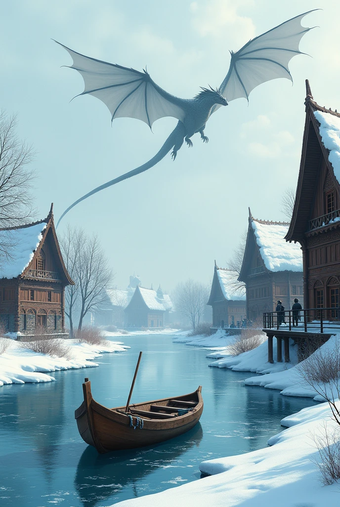 Winter river background with empty boat in the middle, in the background are carved houses with people on balconies,and in the sky in the distance you can see a flying dragon in the style of ancient Rus&#39;, like in the film &quot;He is a dragon&quot; 