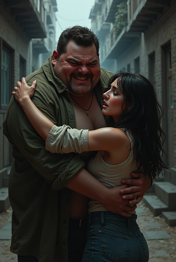 Fat guy attacking the brunette
