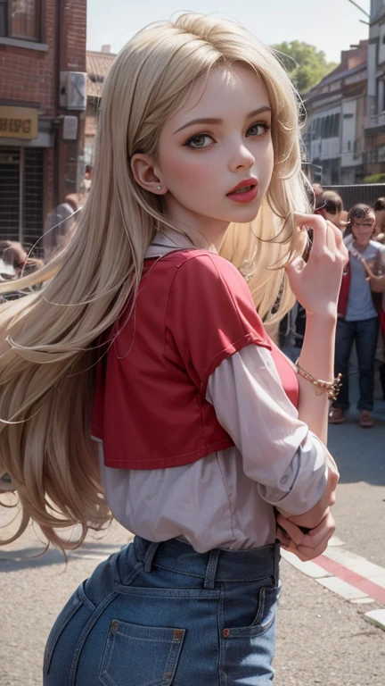 blonde woman, With diesel punk clothes, Modeling style, (Very detailed CG 8k wallpaper unit.), The most beautiful art photos in the world, elegant professional (Photo by Steve McCurry), 8k uh, dslr, soft light, High quality, Film texture, Fujifilm XT3 Sharp focus, Chapter 5.6, Highly detailed, Sharp focus, Amazing, (Wearing immoral clothes), (looking at the audience:1.2), (natural light), (charming)