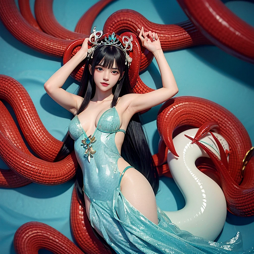 A full-body image of a mermaid princess elegantly bound by red tentacles, lying on a soft bed. The mermaid has long dark blue hair, a crown adorned with blue gemstones, and a shimmering turquoise-scaled dress that covers her entire body. Her skin is fair and glistening, showing tension as the tentacles wrap around her from head to tail. She is lying with her arms above her head, her entire body visible, including her tail. Her facial expression is a captivating mix of serenity and intensity. The background is a soft mattress with gray pillows nude