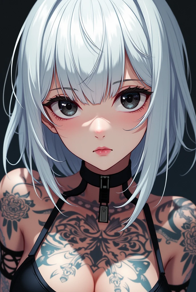 Serious asian girl with tattoos on her body, white hair and bangs, with BLACK eyes, anime style.