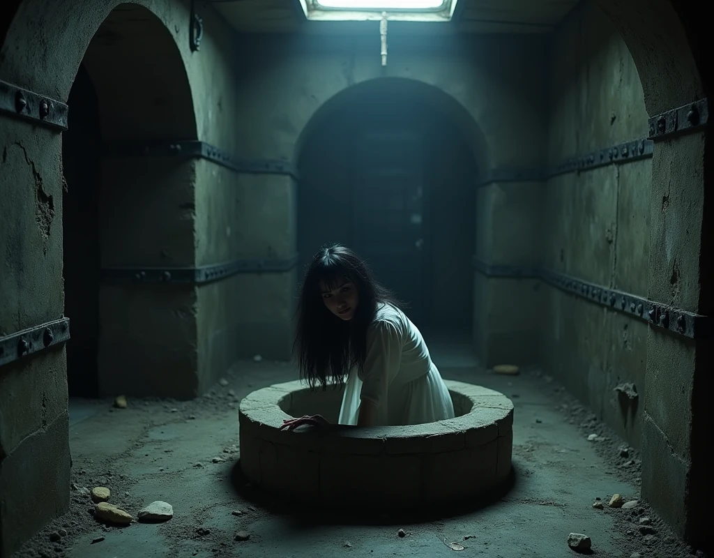 The basement is surrounded by black iron studded with iron rivets, giving off a dark, eerie, rugged, and hideous coldness. The only thing that gives it an alien, out-of-place feel is the stone well in the center of the room. A beautiful ghost with long, messy black hair and white clothing is clutching the edge of the well and about to crawl out, looking in the direction of the camera with a mysterious smile.