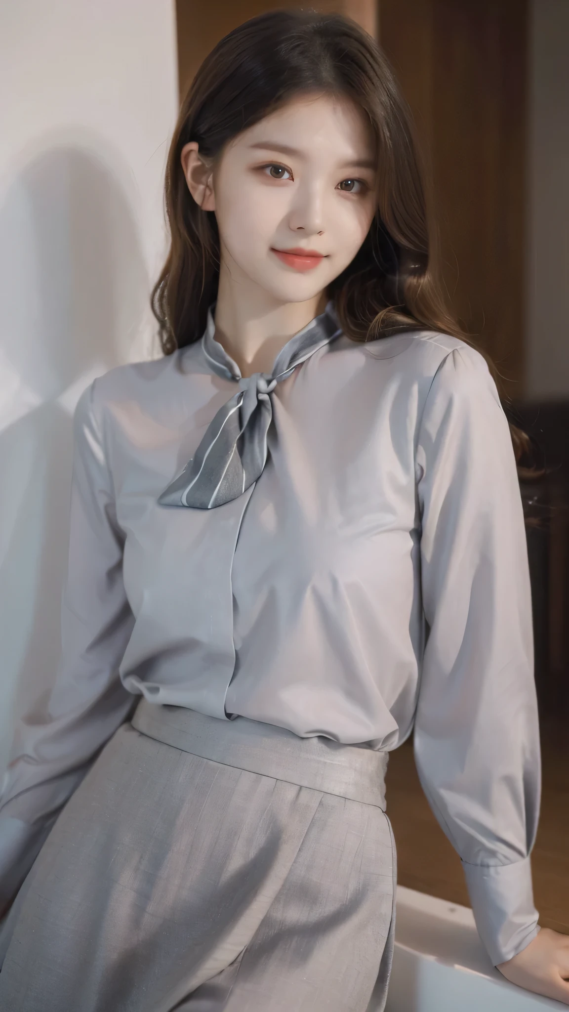 detailed background, masterpiece, best quality, 1 person , curly hair, long hair, purple eyes, star in eye , grey Strapless blouse, long  skirt, grey,  , grey blouse , beautiful bow, detailed bow, 