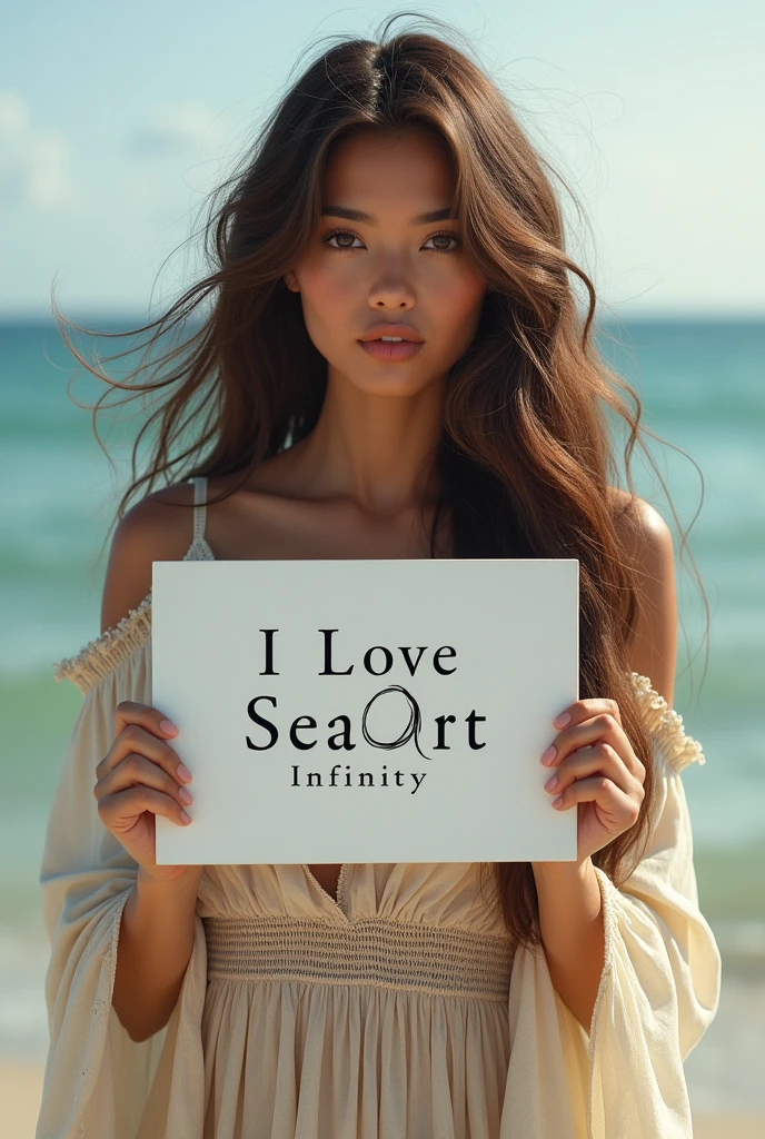 Beautiful girl with wavy long hair, bohemian dress, holding a white board with text "I Love Seaart Infinity" and showing it to the viewer