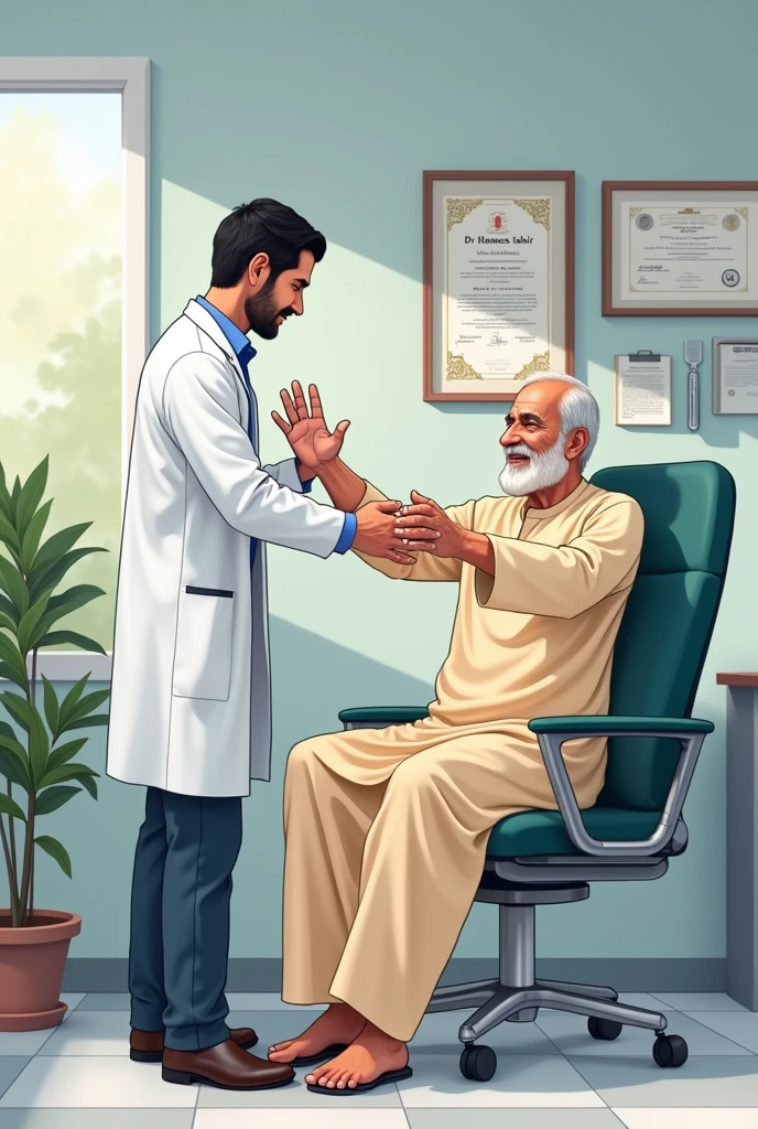 Imagine a physiotherapist in labcoat helping a old male patient in shalwar kameez to do arm movment anime and degree of Dr. Hamees Tahir hanging on wall