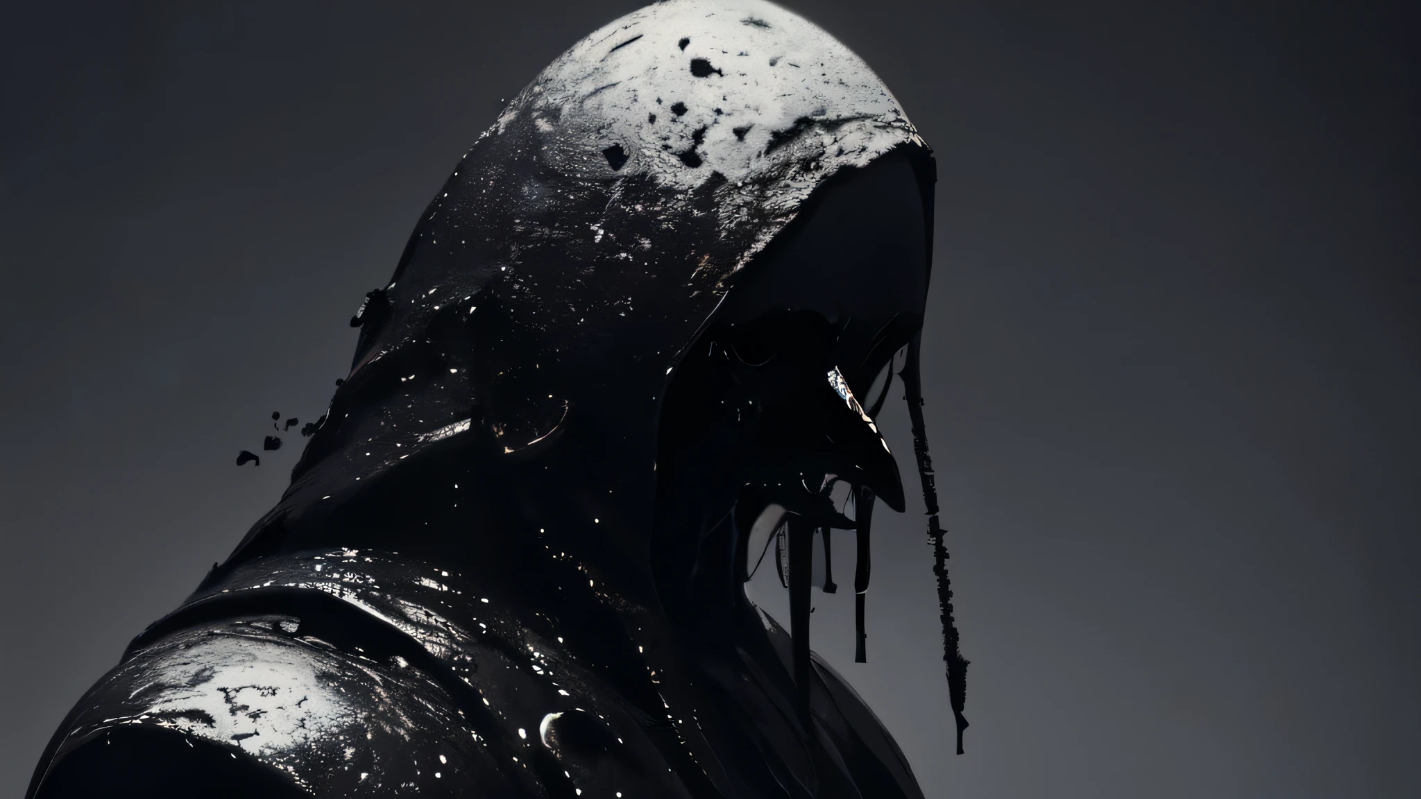 bs, solo, simple background, monochrome, upper body, greyscale, bodysuit, black background, 1other, monster, arms at sides, horror (theme), alien, bad anatomy, ravens, creaper