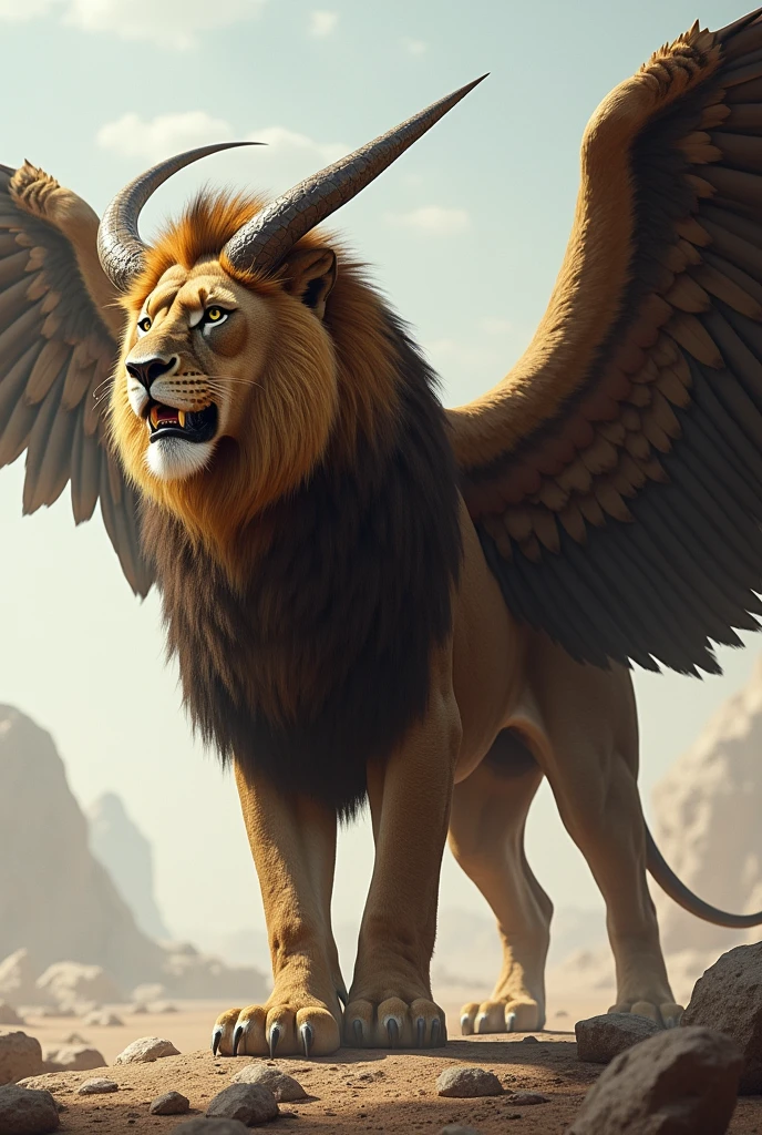 Lion with big eagles wings and very long very straight, but slightly curved horns pointing forwards almost like spears, slightly downward curving, at about 30 degrees to the horizontal,  from the side