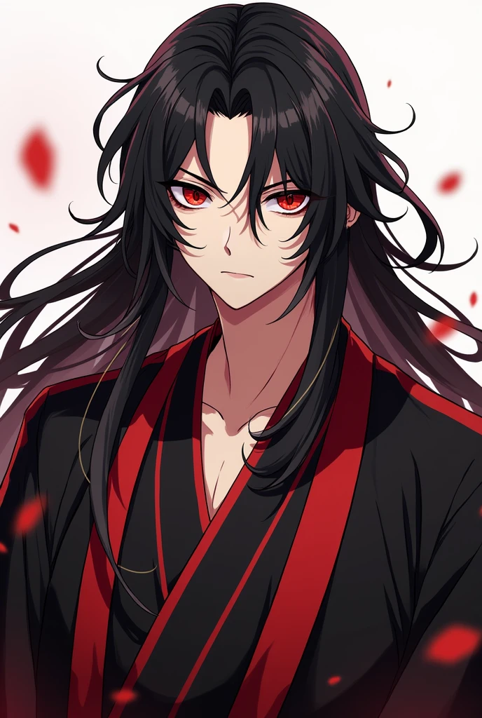 black hair, Long hair, Black-red eyes, Black and red robe, gorgeous, indifferent, man, red streaked hair, ahoge, hair over shoulder, very long hair, asymmetrical bangs, hair spread out, crazy eyes, devil eyes, expressionless, robe, character chart, tachi-e, panorama, Genshin Impact Style, super detail, Full body portrait, Vision, Gorgeous robe