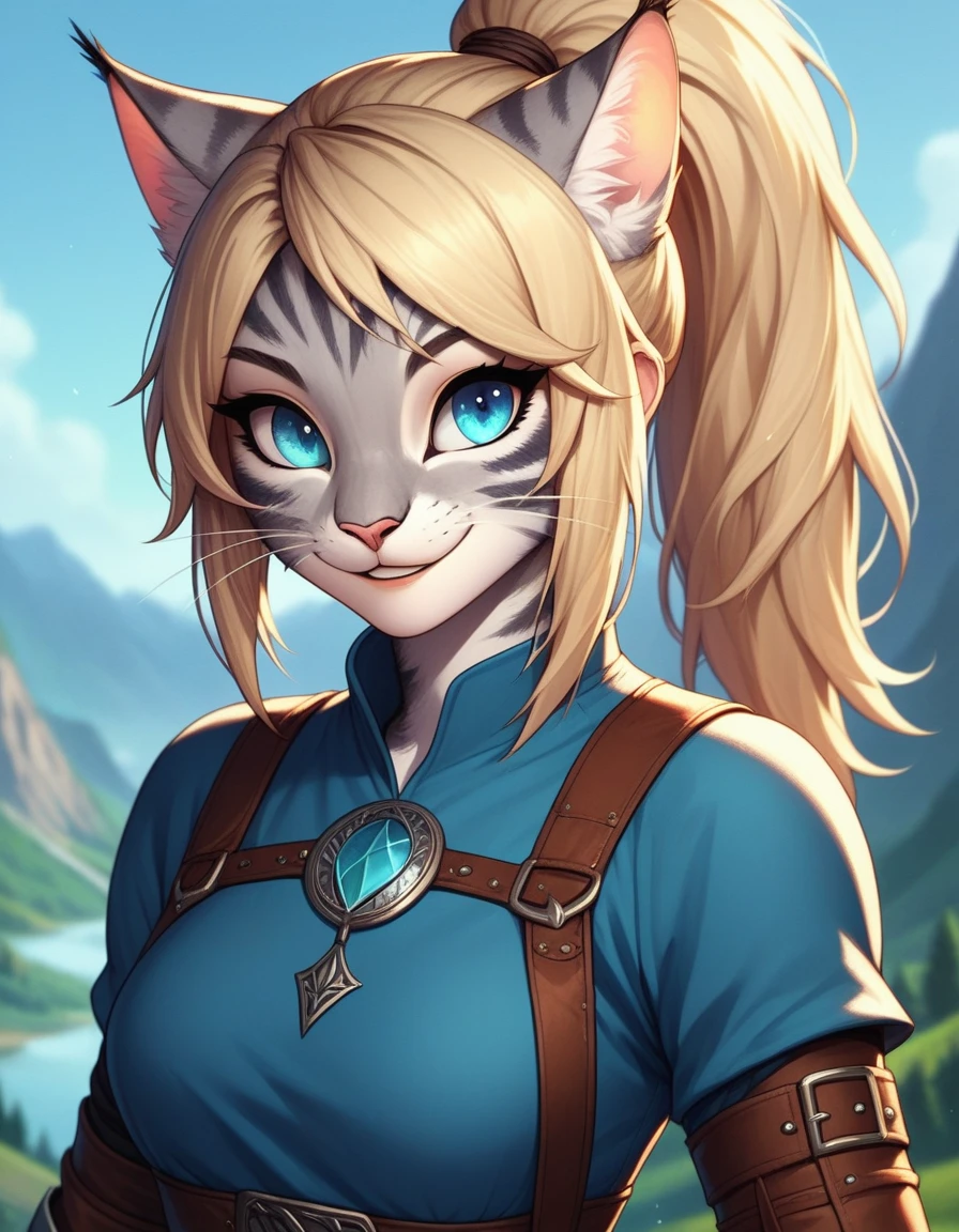 score_9,score_8_up,score_7_up, score_6_up, score_5_up,source_anime, human, Kat, blue eyes, black whisker marks on face, blonde hair, hair in ponytail, wearing blue tunic, brown pants, leather gauntlets, leather straps and adventuring gear, leather boots,big smile, on a mountain pass trail,