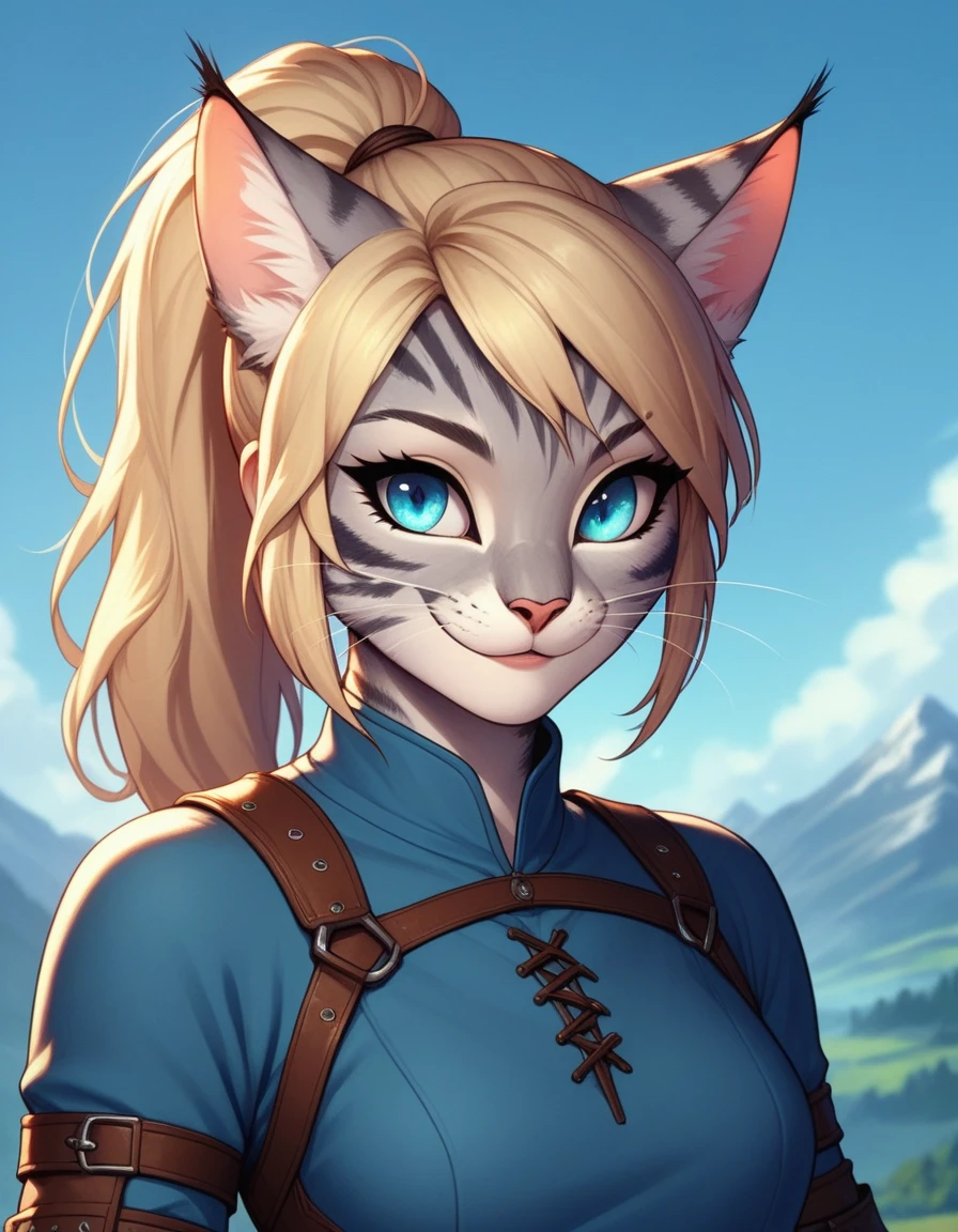 score_9,score_8_up,score_7_up, score_6_up, score_5_up,source_anime, human, Kat, blue eyes, black whisker marks on face, blonde hair, hair in ponytail, wearing blue tunic, brown pants, leather gauntlets, leather straps and adventuring gear, leather boots,big smile, on a mountain pass trail,