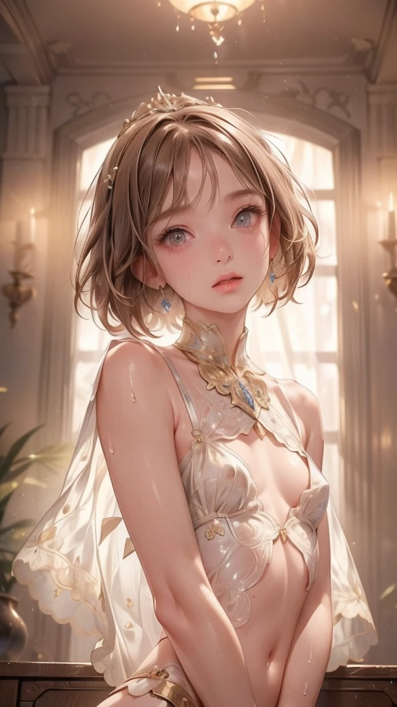 ((best quality)), ((masterpiece)), (detailed), 1girl, (big forhead:1.2) ((toned body,slender body,skinny:1.3)) ,extremely detailed cute anime face, (((flat chest))), (flat chest:1.1),((((lbob cut hair)))),intricate eyes,beautiful detailed eyes,symmetrical eyes,(((detailed face))),beautiful detailed lips, dynamic pose, looking at this, resolved, resolute, highres,(best quality),(ultra detailed,extremely detailed),perfect face details, ((masterpiece:1.4, best quality))+, (ultra detailed)+, bob cut hair, cute girl, (flat chest:1.1), small breasts, slim body, skinny, prominent collarbones, skinny arms, flat stomach, visible hip bones, visible ribs bones, bob cut hair, red hair, small breasts, perfect face, small breasts (flat chest:1.1), Detailed body,Full limbs, (flat chest:1.1),Yellow hair,diadems, Wide-angle, Bokeh, Wide-angle, High details, High quality, High Quality anime art style, Masterpiece, occult aesthestic, occult, whole body, full body, body, ornate mourning wear, templar knight inspired, underwear, white panties, visible breasts (small breasts) cum on her body, full of cum, gleaming skin,shiny skin,(sweat:1.3)